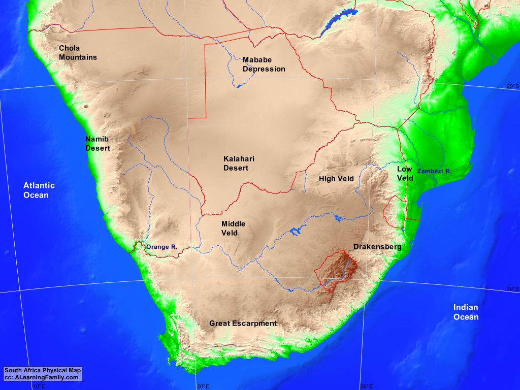 Southern Africa Physical Map - A Learning Family