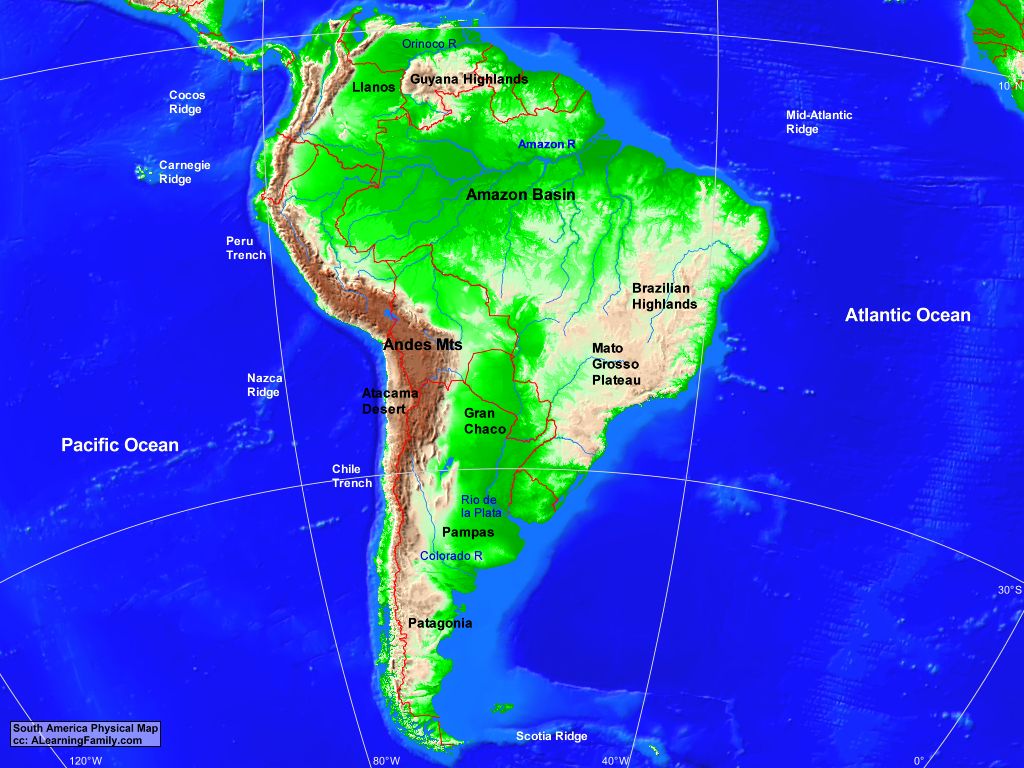 Free Printable Physical Map Of South America