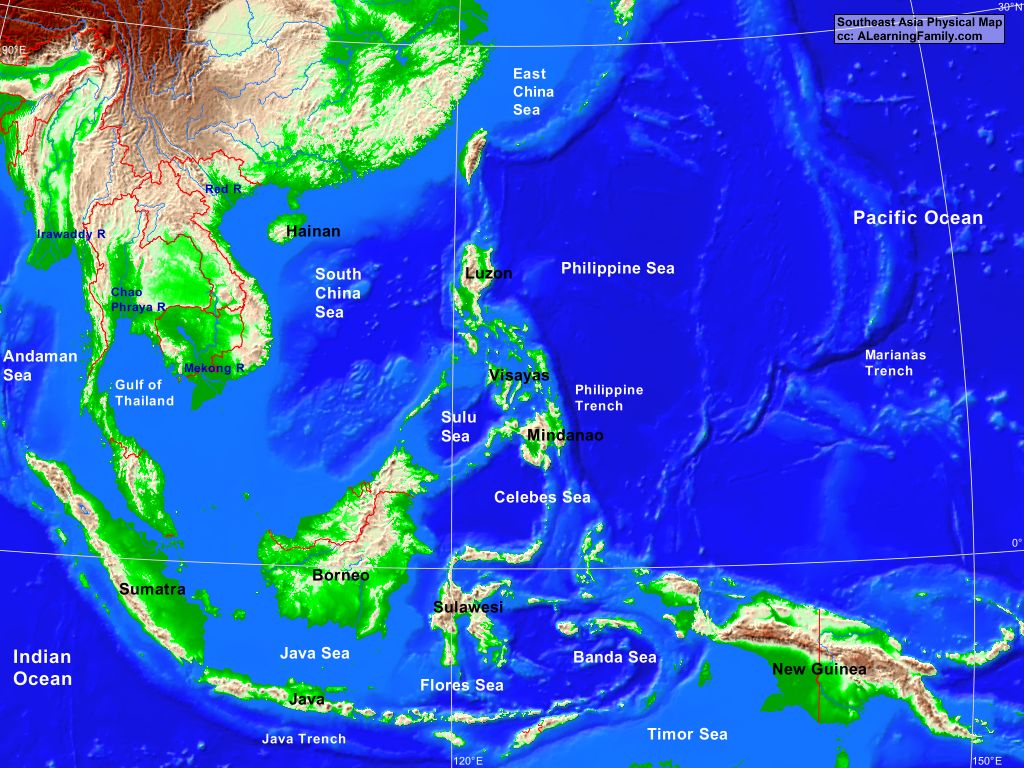 East Asia Bodies Of Water Map Southeast Asia Physical Map   A Learning Family