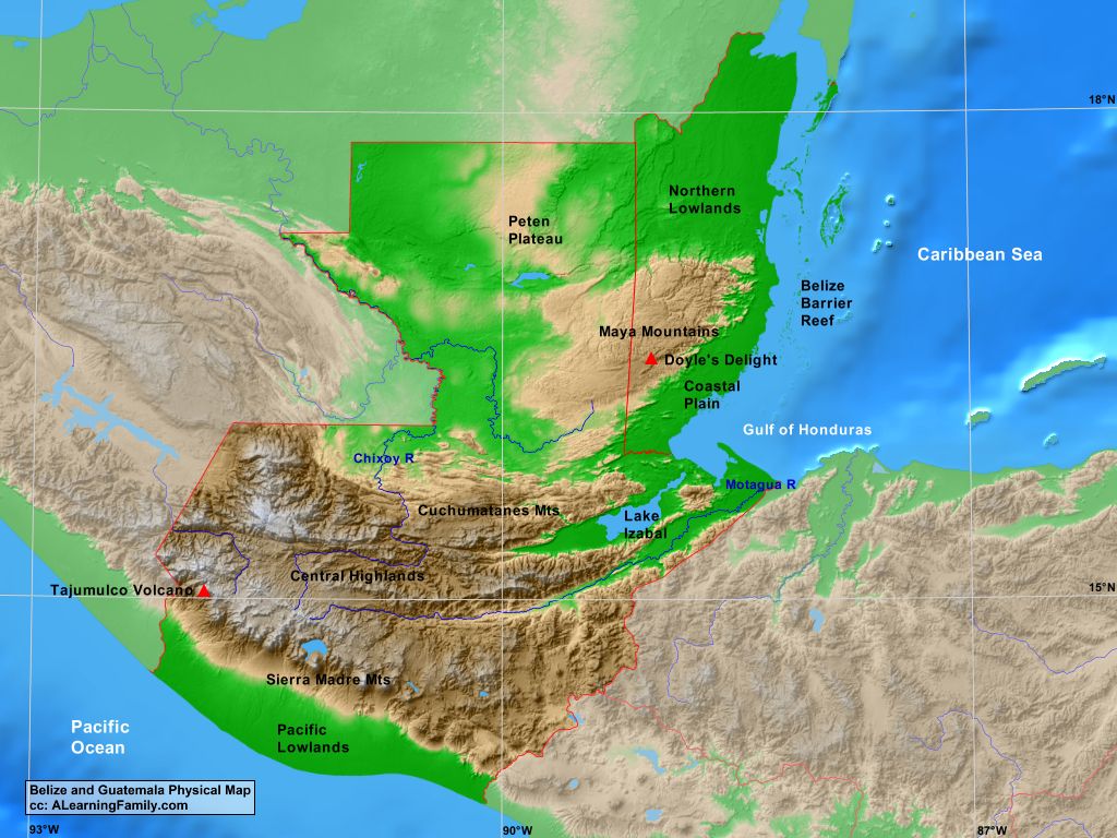 A physical map of Belize and Guatemala (Creative Commons: A Learning Family...