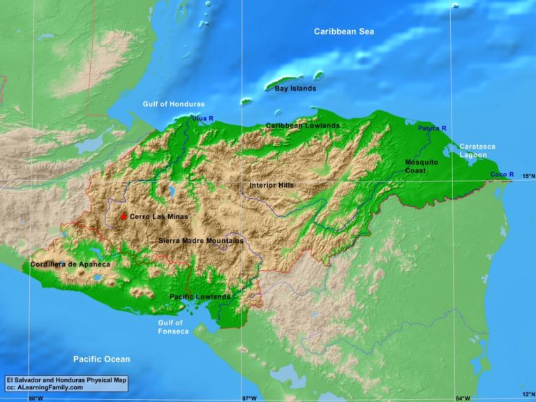 El Salvador and Honduras Physical Map - A Learning Family