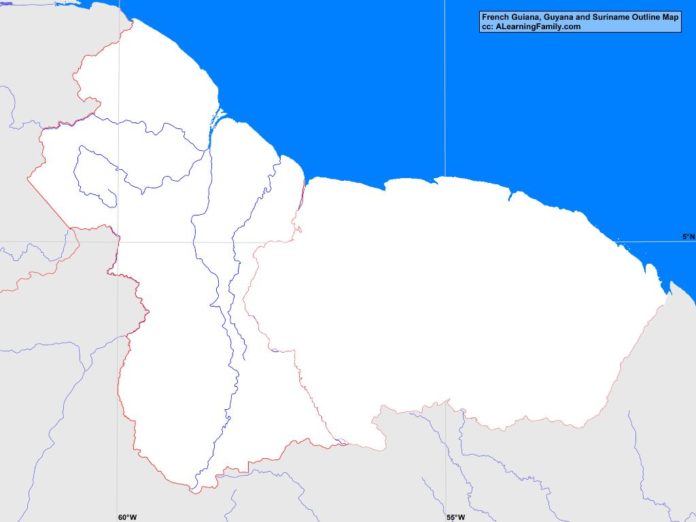 French Guiana, Guyana and Suriname outline map
