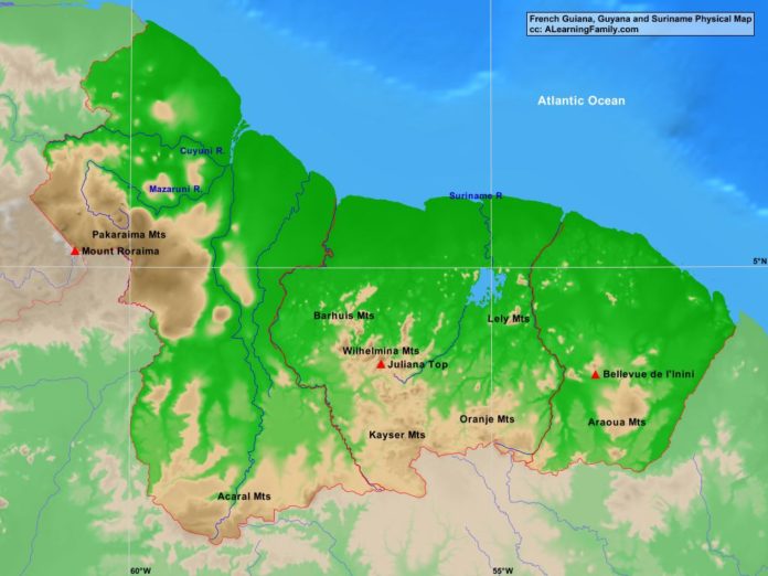 French Guiana, Guyana, and Suriname physical map