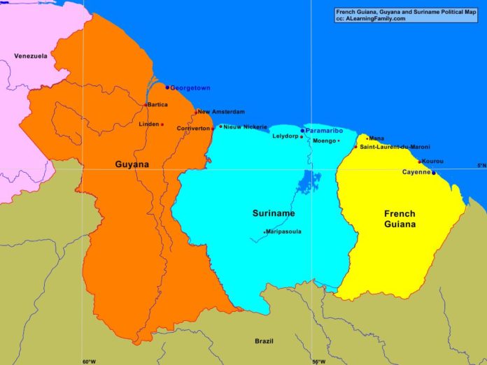 French Guiana, Guyana and Suriname political map