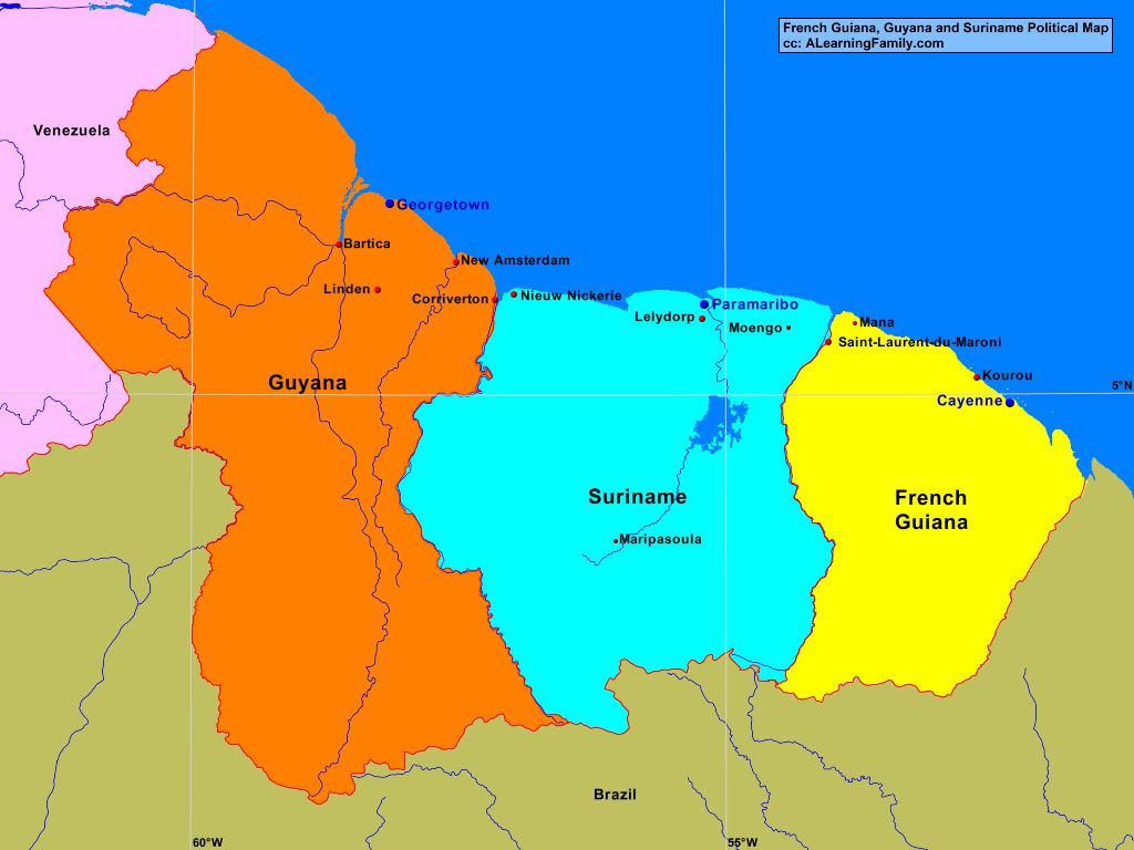 French Guiana Guyana And Suriname Political Map A Learning Family   FrGuianaGuyanaSuriPolitical 