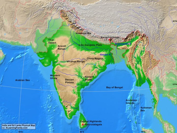 India and Sri Lanka physical map