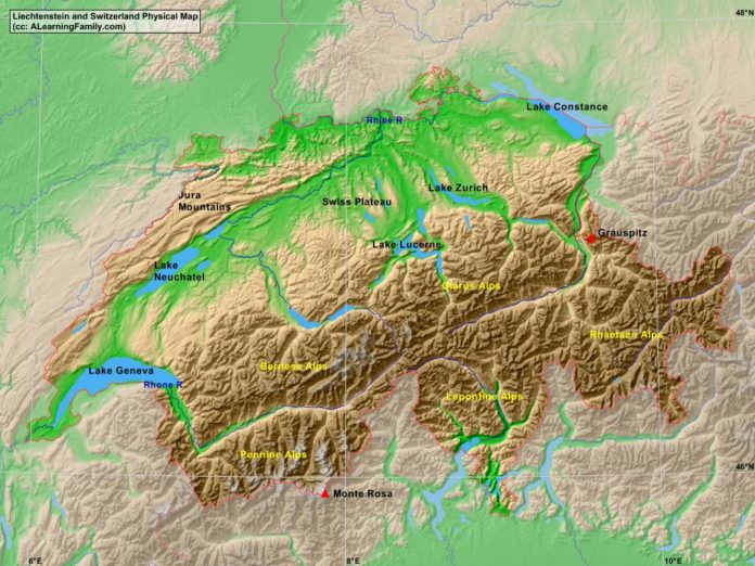 Liechtenstein and Switzerland physical map