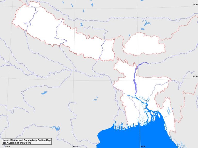 Bangladesh, Bhutan and Nepal Outline Map - A Learning Family
