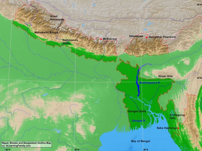 Bangladesh and Nepal physical map
