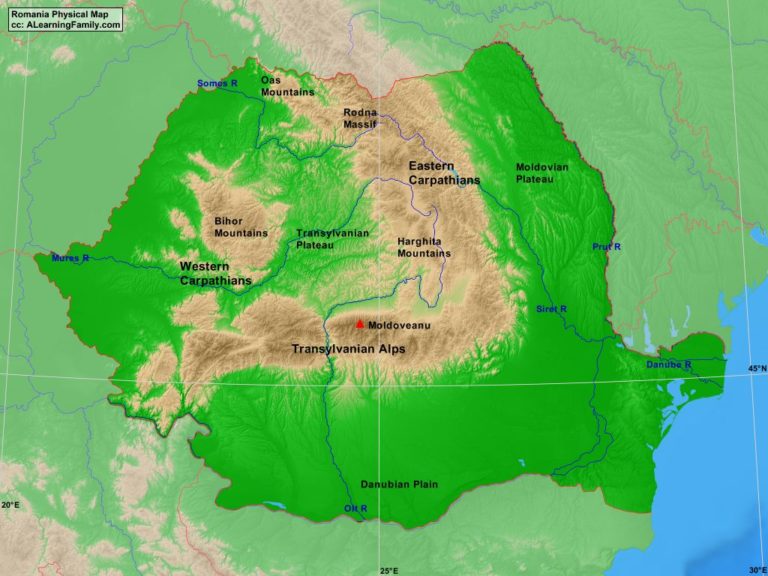 Romania Physical Map - A Learning Family